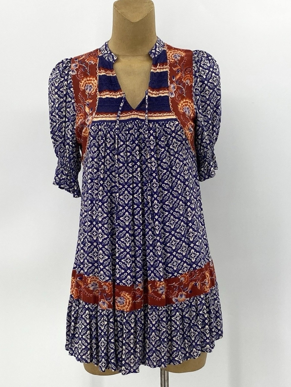 PATRONS OF PEACE Navy Floral & Rust-Patterned Tie-Front Tunic Mini Dress Medium - Picture 2 of 4